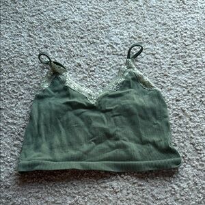 Green Lace Trim Ribbed Crop Top - Adjustable Straps
